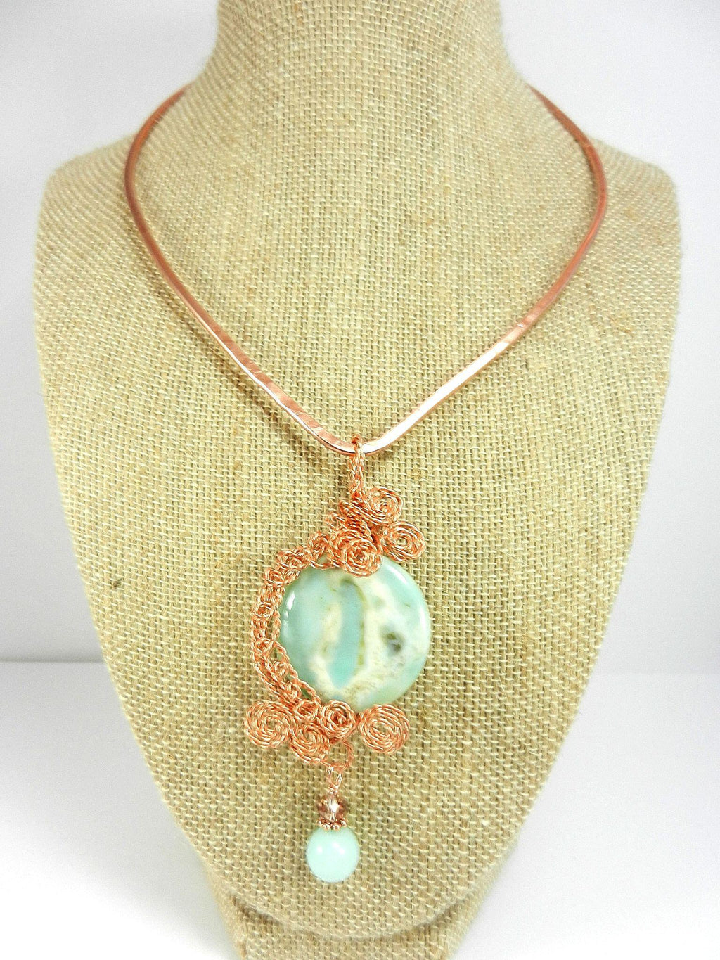 Copper Hammered Choker with a Light Blue Aqua Terra Jasper Round Pendant Gemstone Copper Wire Wrapped with Matching Aqua Marine Gemstone Earrings