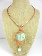 Copper Hammered Choker with a Light Blue Aqua Terra Jasper Round Pendant Gemstone Copper Wire Wrapped with Matching Aqua Marine Gemstone Earrings