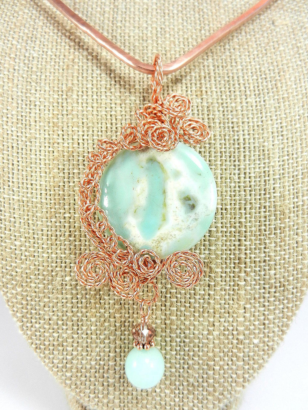 Copper Hammered Choker with a Light Blue Aqua Terra Jasper Round Pendant Gemstone Copper Wire Wrapped with Matching Aqua Marine Gemstone Earrings