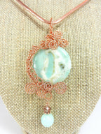 Copper Hammered Choker with a Light Blue Aqua Terra Jasper Round Pendant Gemstone Copper Wire Wrapped with Matching Aqua Marine Gemstone Earrings