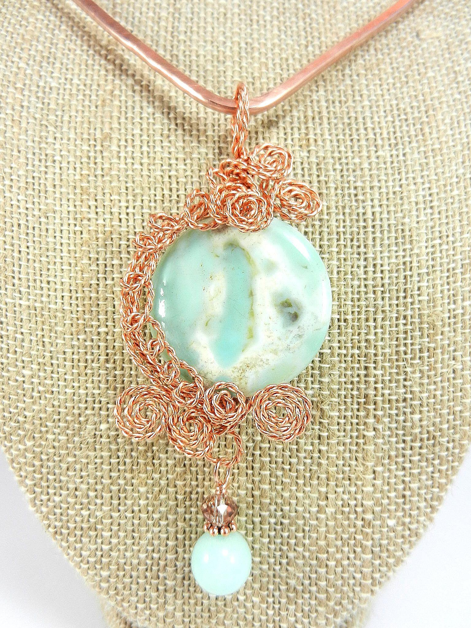 Copper Hammered Choker with a Light Blue Aqua Terra Jasper Round Pendant Gemstone Copper Wire Wrapped with Matching Aqua Marine Gemstone Earrings