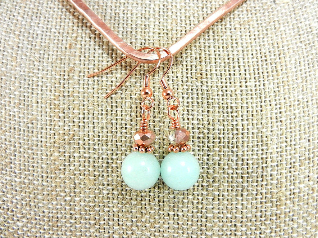 Copper Hammered Choker with a Light Blue Aqua Terra Jasper Round Pendant Gemstone Copper Wire Wrapped with Matching Aqua Marine Gemstone Earrings