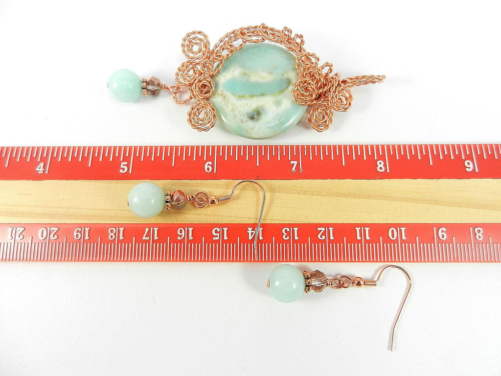 Copper Hammered Choker with a Light Blue Aqua Terra Jasper Round Pendant Gemstone Copper Wire Wrapped with Matching Aqua Marine Gemstone Earrings