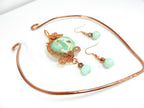 Copper Hammered Choker with a Light Blue Aqua Terra Jasper Round Pendant Gemstone Copper Wire Wrapped with Matching Aqua Marine Gemstone Earrings