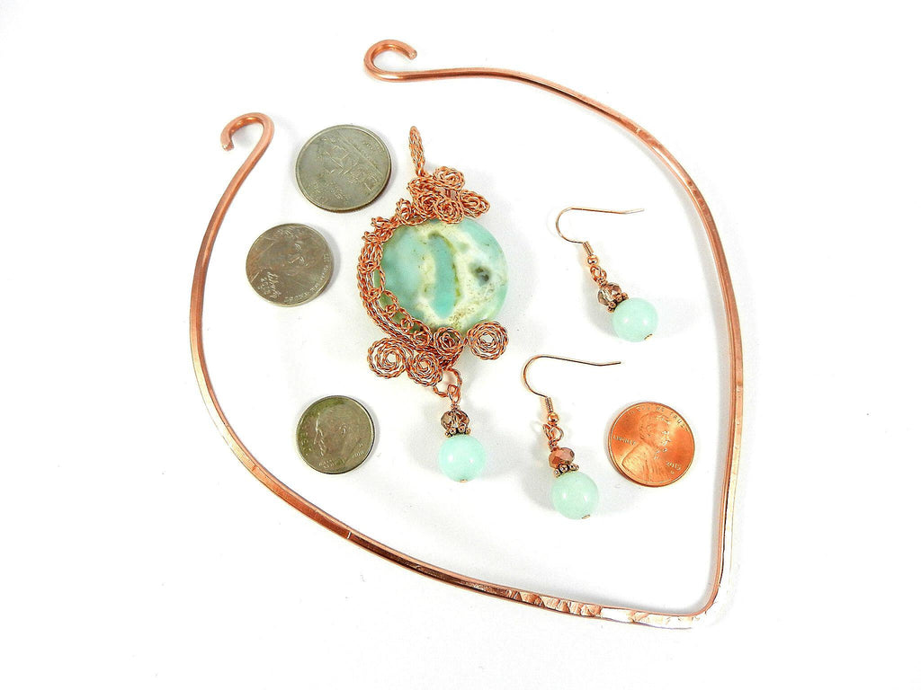 Copper Hammered Choker with a Light Blue Aqua Terra Jasper Round Pendant Gemstone Copper Wire Wrapped with Matching Aqua Marine Gemstone Earrings