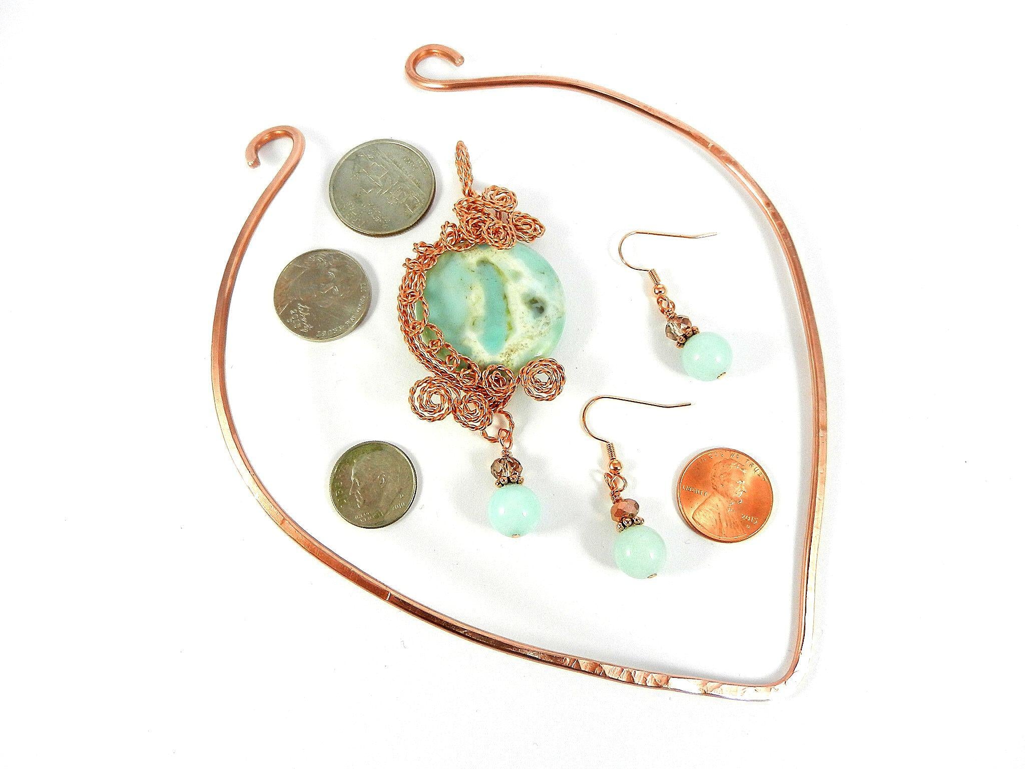 Copper Hammered Choker with a Light Blue Aqua Terra Jasper Round Pendant Gemstone Copper Wire Wrapped with Matching Aqua Marine Gemstone Earrings
