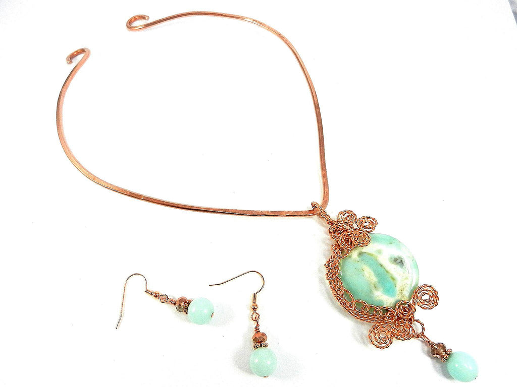 Copper Hammered Choker with a Light Blue Aqua Terra Jasper Round Pendant Gemstone Copper Wire Wrapped with Matching Aqua Marine Gemstone Earrings