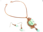 Copper Hammered Choker with a Light Blue Aqua Terra Jasper Round Pendant Gemstone Copper Wire Wrapped with Matching Aqua Marine Gemstone Earrings