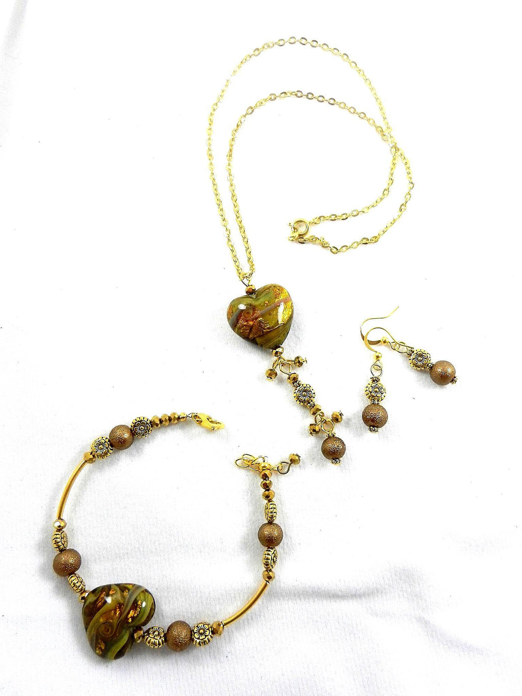 Gold Lamp Work Heart Necklace with a Matching Bracelet and Earrings