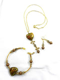 Gold Lamp Work Heart Necklace with a Matching Bracelet and Earrings