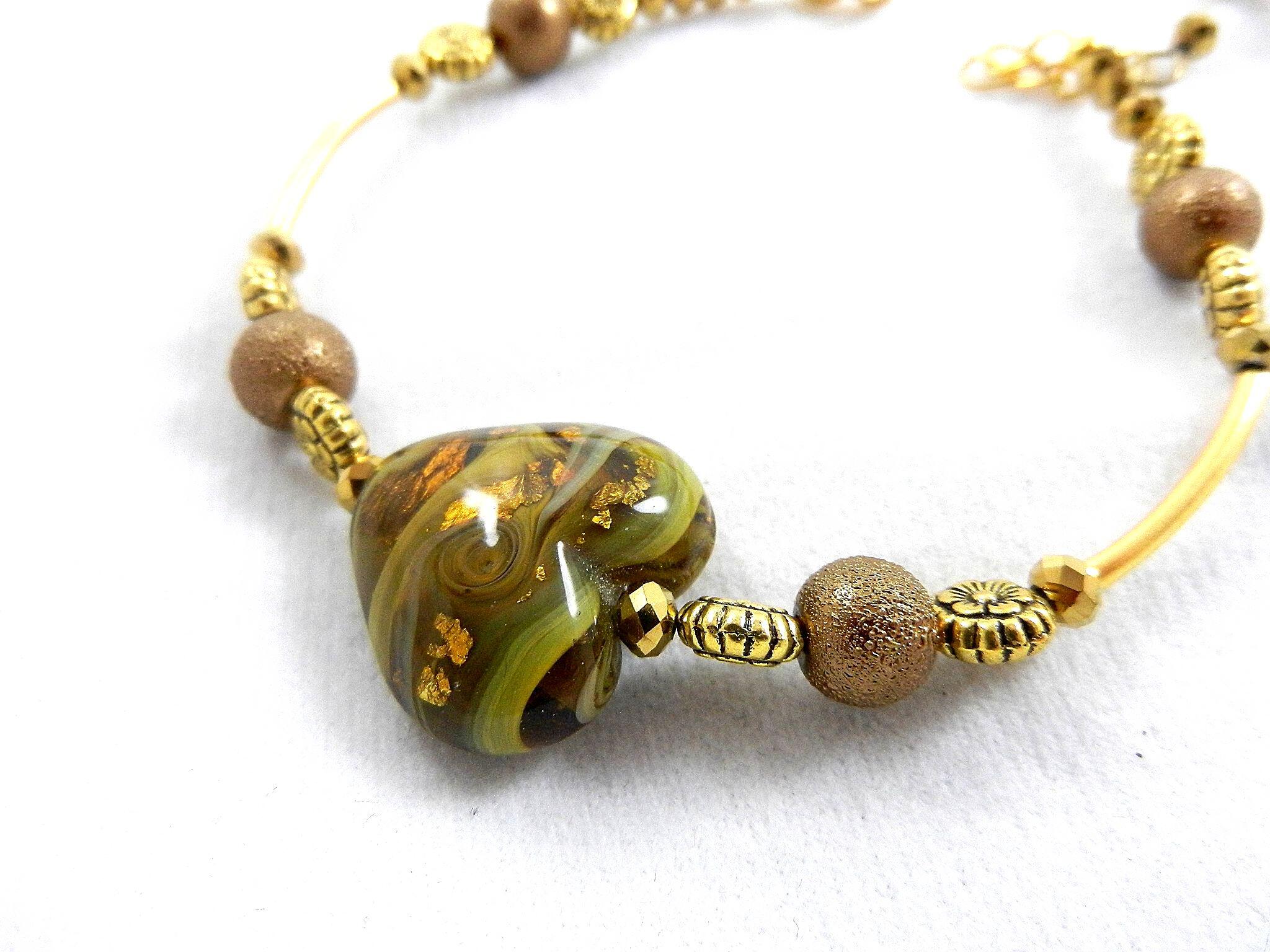 Gold Lamp Work Heart Necklace with a Matching Bracelet and Earrings