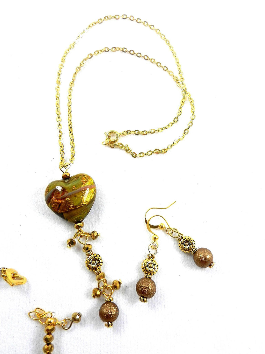 Gold Lamp Work Heart Necklace with a Matching Bracelet and Earrings
