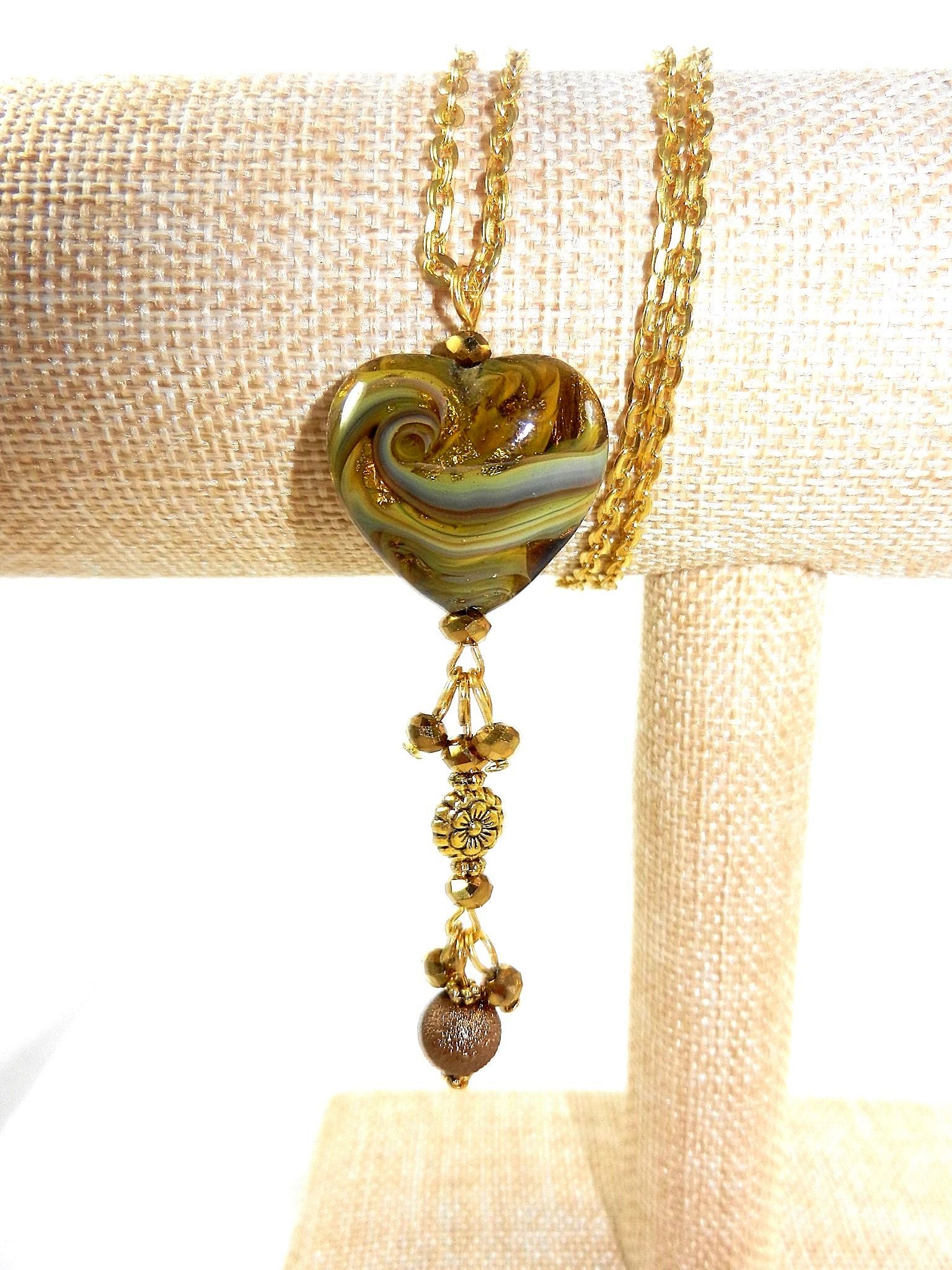 Gold Lamp Work Heart Necklace with a Matching Bracelet and Earrings