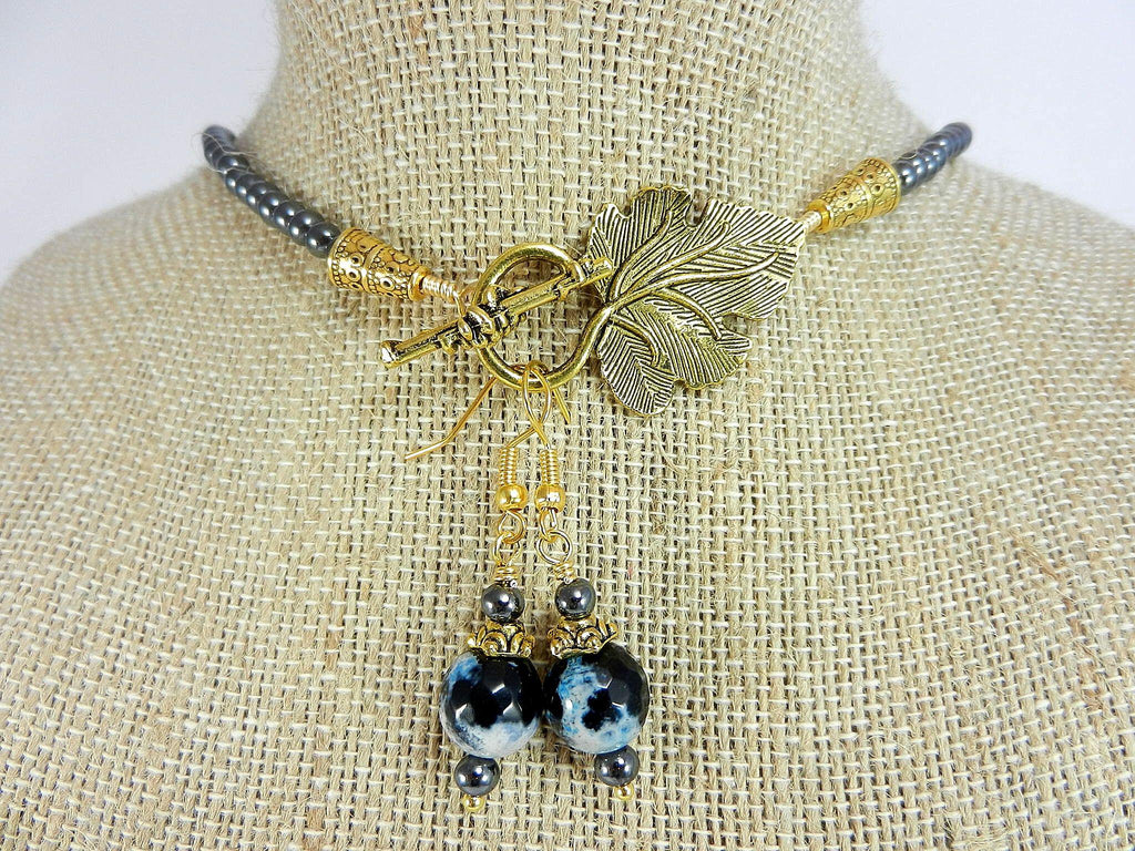 Teardrop Agate Gemstone in Blue and Black on a Gold Bead Necklace with Matching Fire Agate Earrings