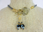 Teardrop Agate Gemstone in Blue and Black on a Gold Bead Necklace with Matching Fire Agate Earrings