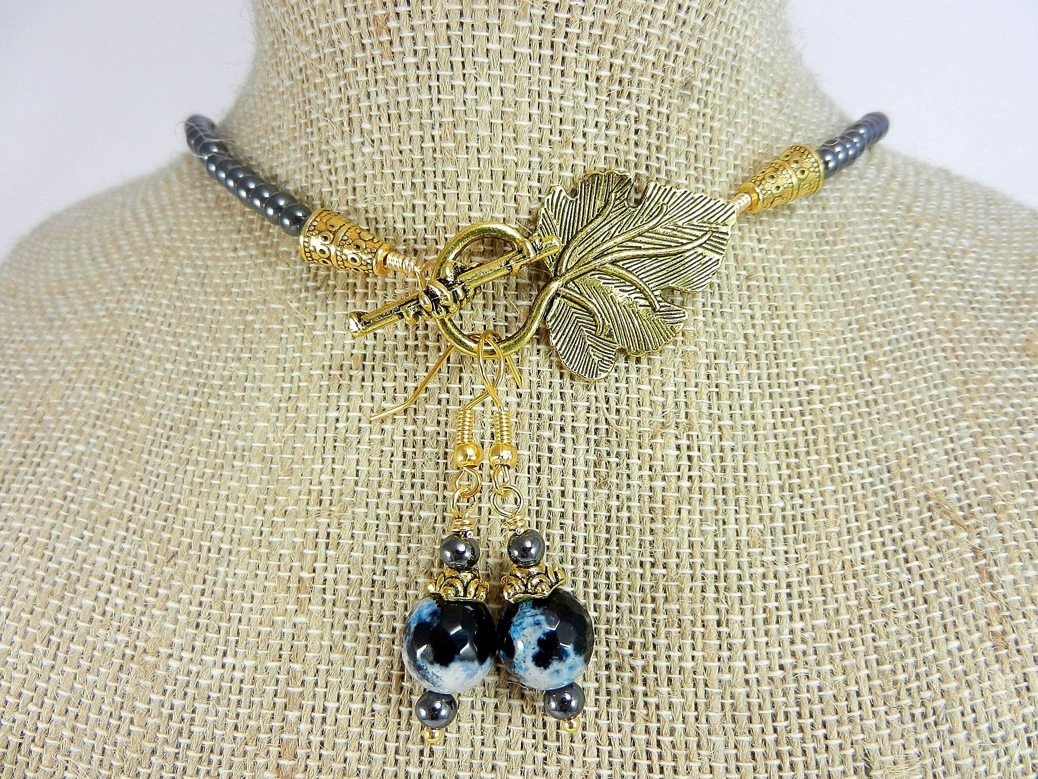 Teardrop Agate Gemstone in Blue and Black on a Gold Bead Necklace with Matching Fire Agate Earrings