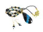 Teardrop Agate Gemstone in Blue and Black on a Gold Bead Necklace with Matching Fire Agate Earrings