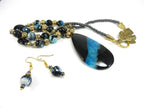 Teardrop Agate Gemstone in Blue and Black on a Gold Bead Necklace with Matching Fire Agate Earrings