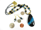 Teardrop Agate Gemstone in Blue and Black on a Gold Bead Necklace with Matching Fire Agate Earrings