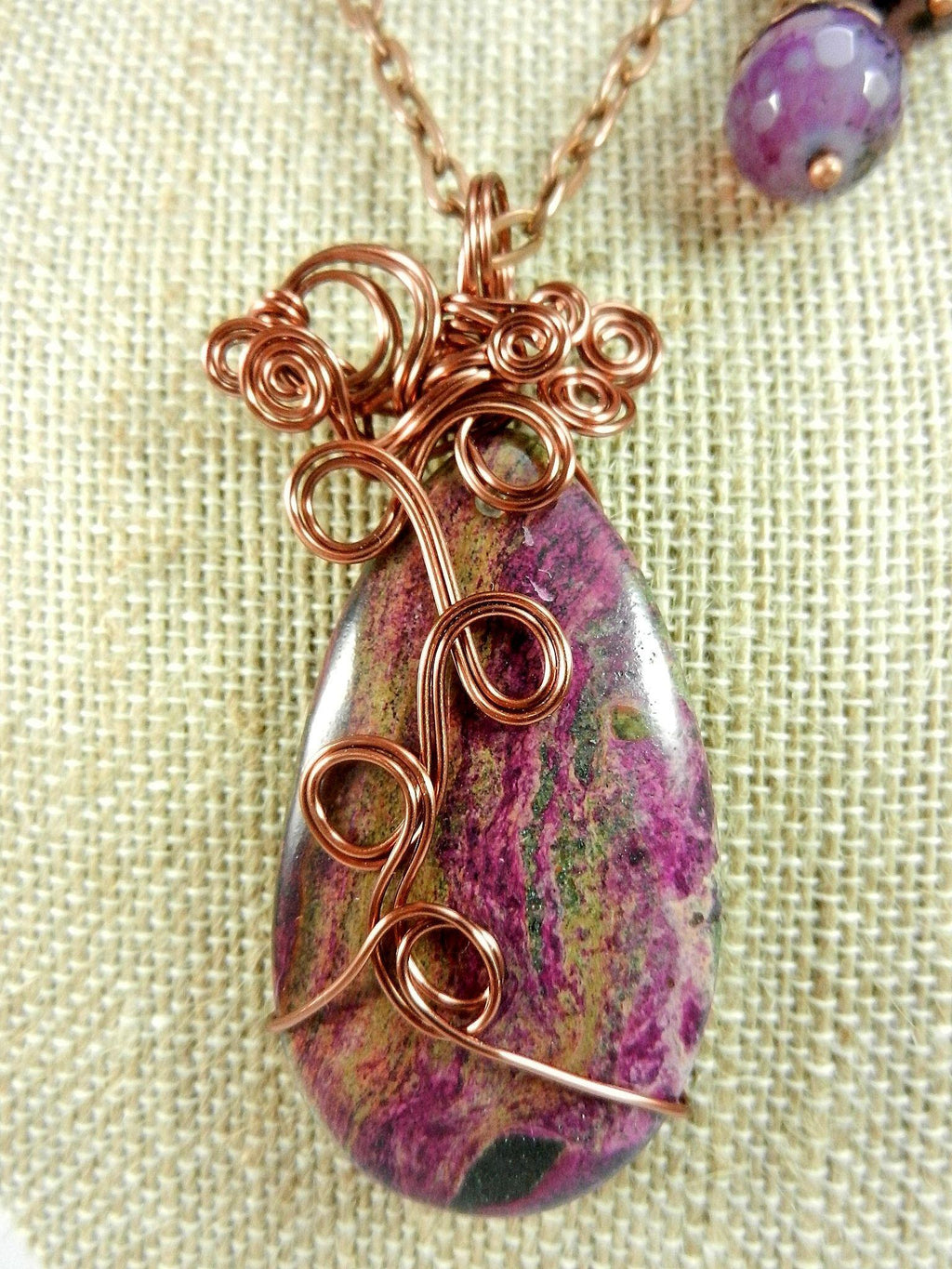 Jasper Choi Finches Teardrop Purple and Pink Pendant Antique Copper Wire Wrapped with Matching Round Faceted Purple Agate Earrings