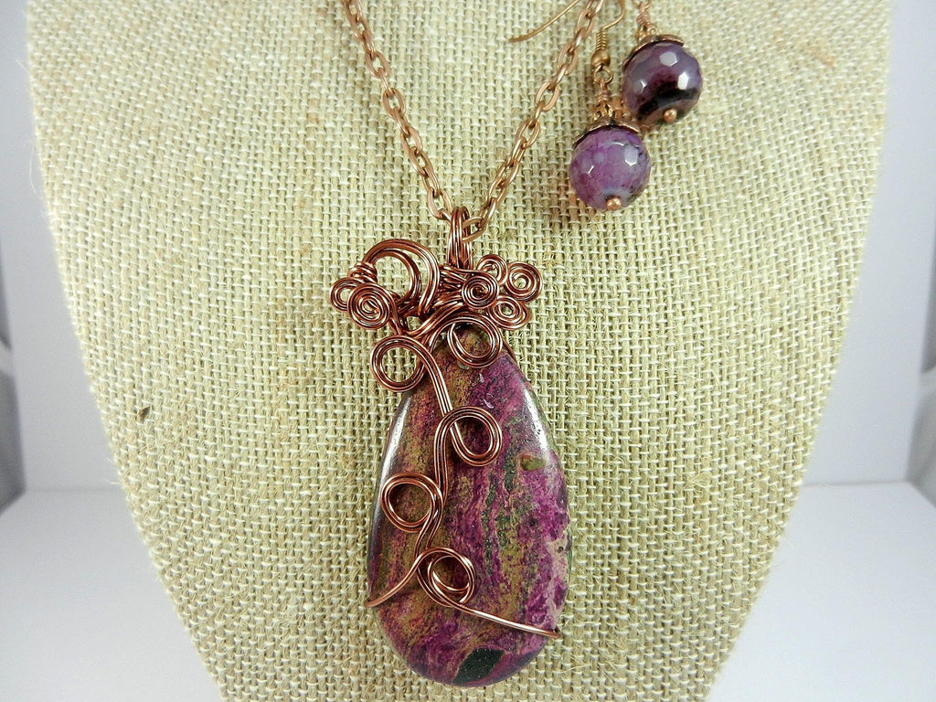 Jasper Choi Finches Teardrop Purple and Pink Pendant Antique Copper Wire Wrapped with Matching Round Faceted Purple Agate Earrings