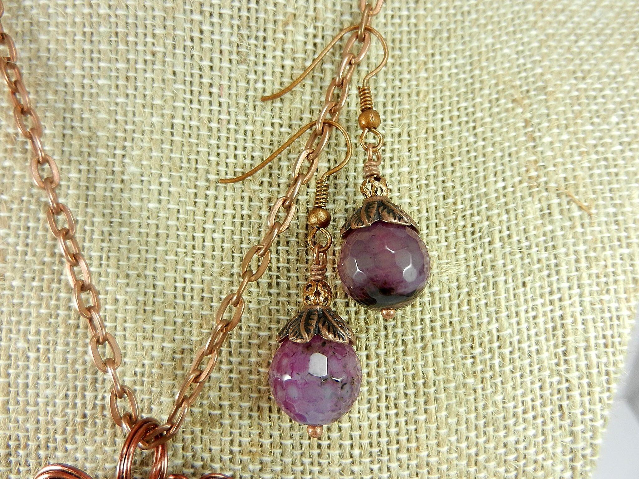 Jasper Choi Finches Teardrop Purple and Pink Pendant Antique Copper Wire Wrapped with Matching Round Faceted Purple Agate Earrings