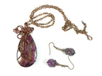 Jasper Choi Finches Teardrop Purple and Pink Pendant Antique Copper Wire Wrapped with Matching Round Faceted Purple Agate Earrings