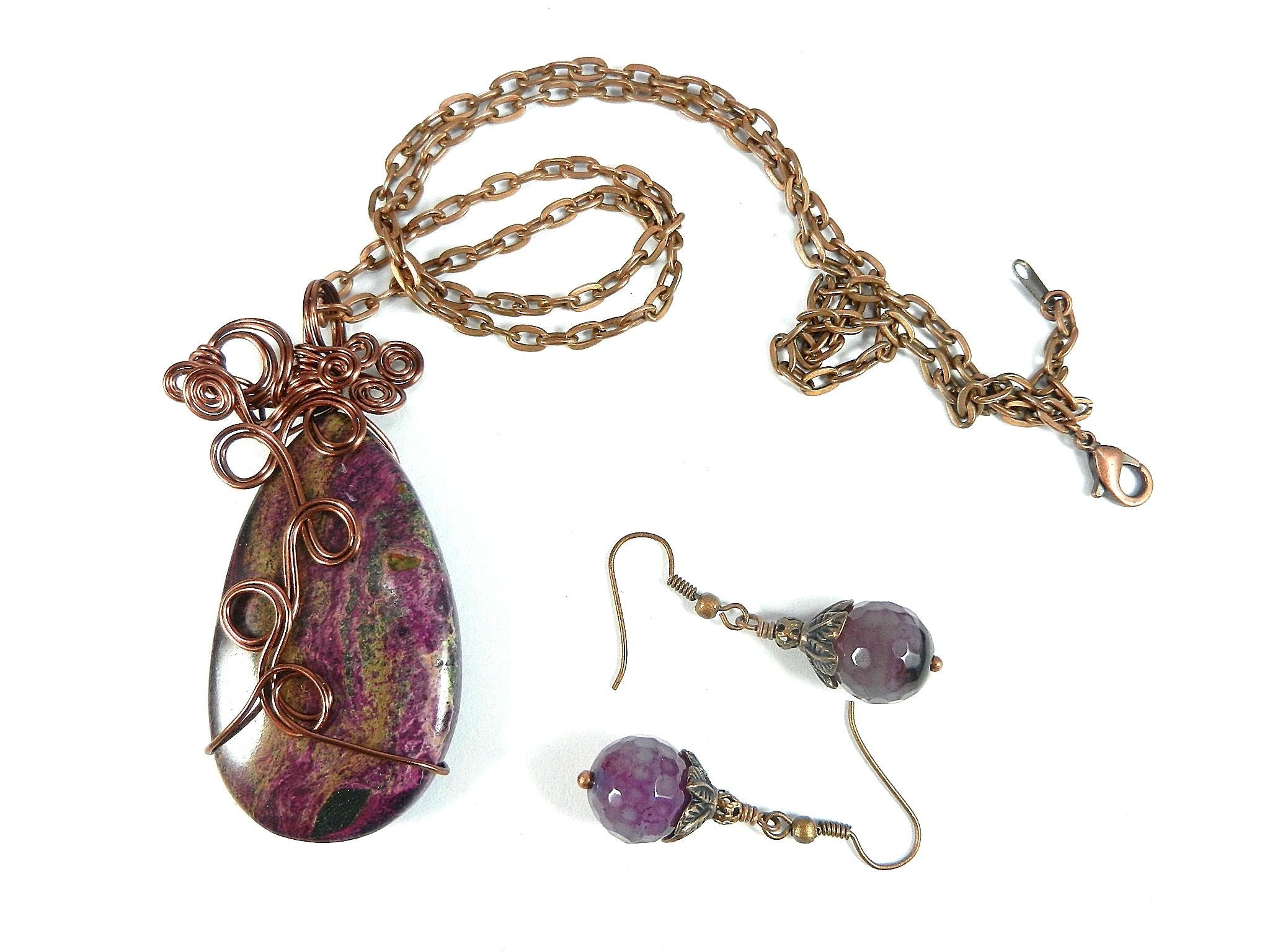 Jasper Choi Finches Teardrop Purple and Pink Pendant Antique Copper Wire Wrapped with Matching Round Faceted Purple Agate Earrings