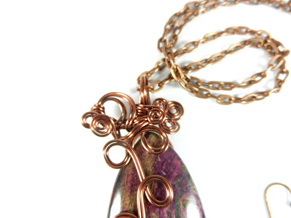 Jasper Choi Finches Teardrop Purple and Pink Pendant Antique Copper Wire Wrapped with Matching Round Faceted Purple Agate Earrings