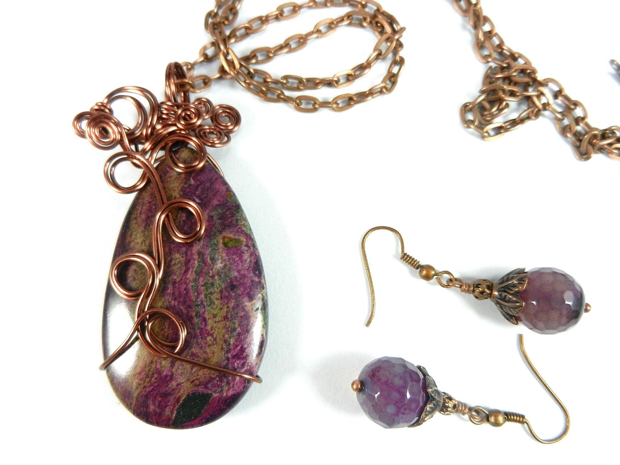 Jasper Choi Finches Teardrop Purple and Pink Pendant Antique Copper Wire Wrapped with Matching Round Faceted Purple Agate Earrings