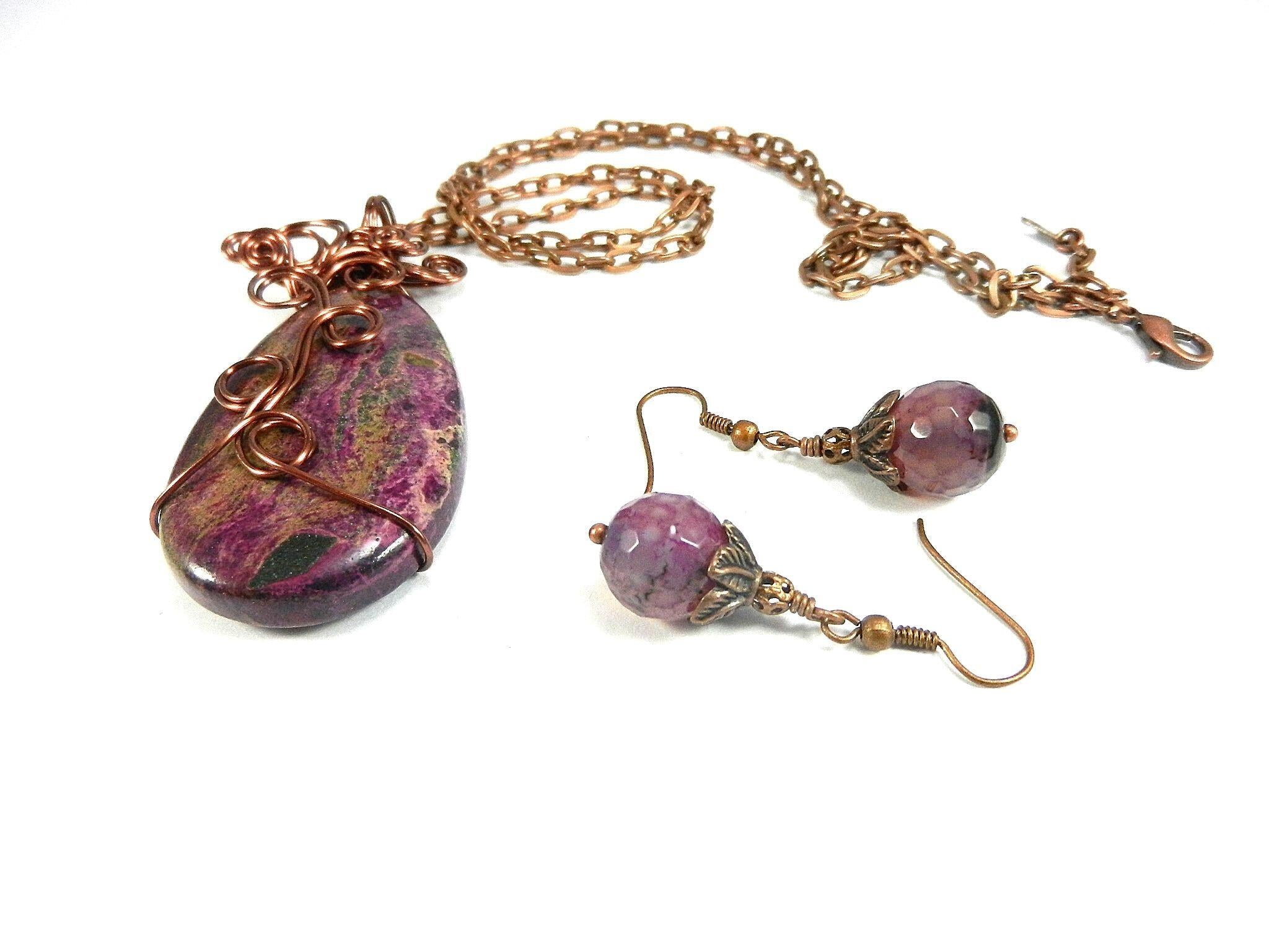 Jasper Choi Finches Teardrop Purple and Pink Pendant Antique Copper Wire Wrapped with Matching Round Faceted Purple Agate Earrings