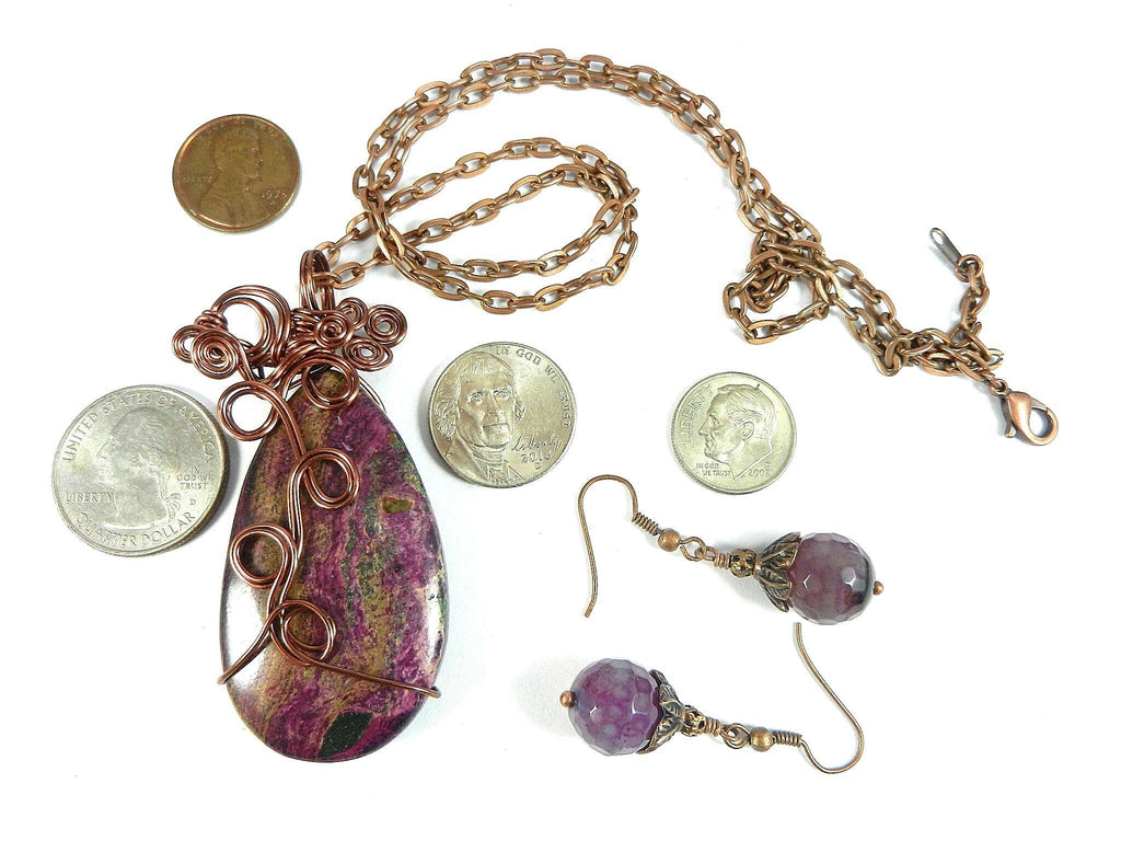 Jasper Choi Finches Teardrop Purple and Pink Pendant Antique Copper Wire Wrapped with Matching Round Faceted Purple Agate Earrings