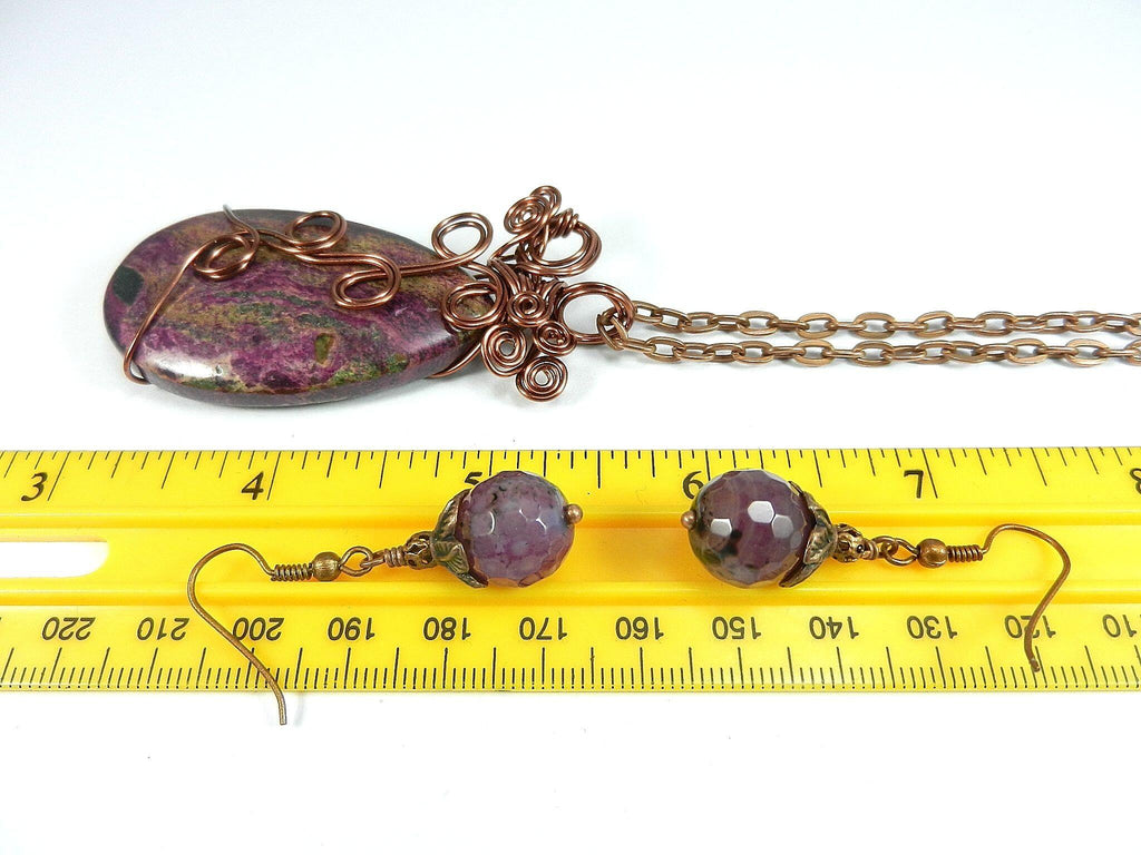 Jasper Choi Finches Teardrop Purple and Pink Pendant Antique Copper Wire Wrapped with Matching Round Faceted Purple Agate Earrings