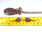 Jasper Choi Finches Teardrop Purple and Pink Pendant Antique Copper Wire Wrapped with Matching Round Faceted Purple Agate Earrings