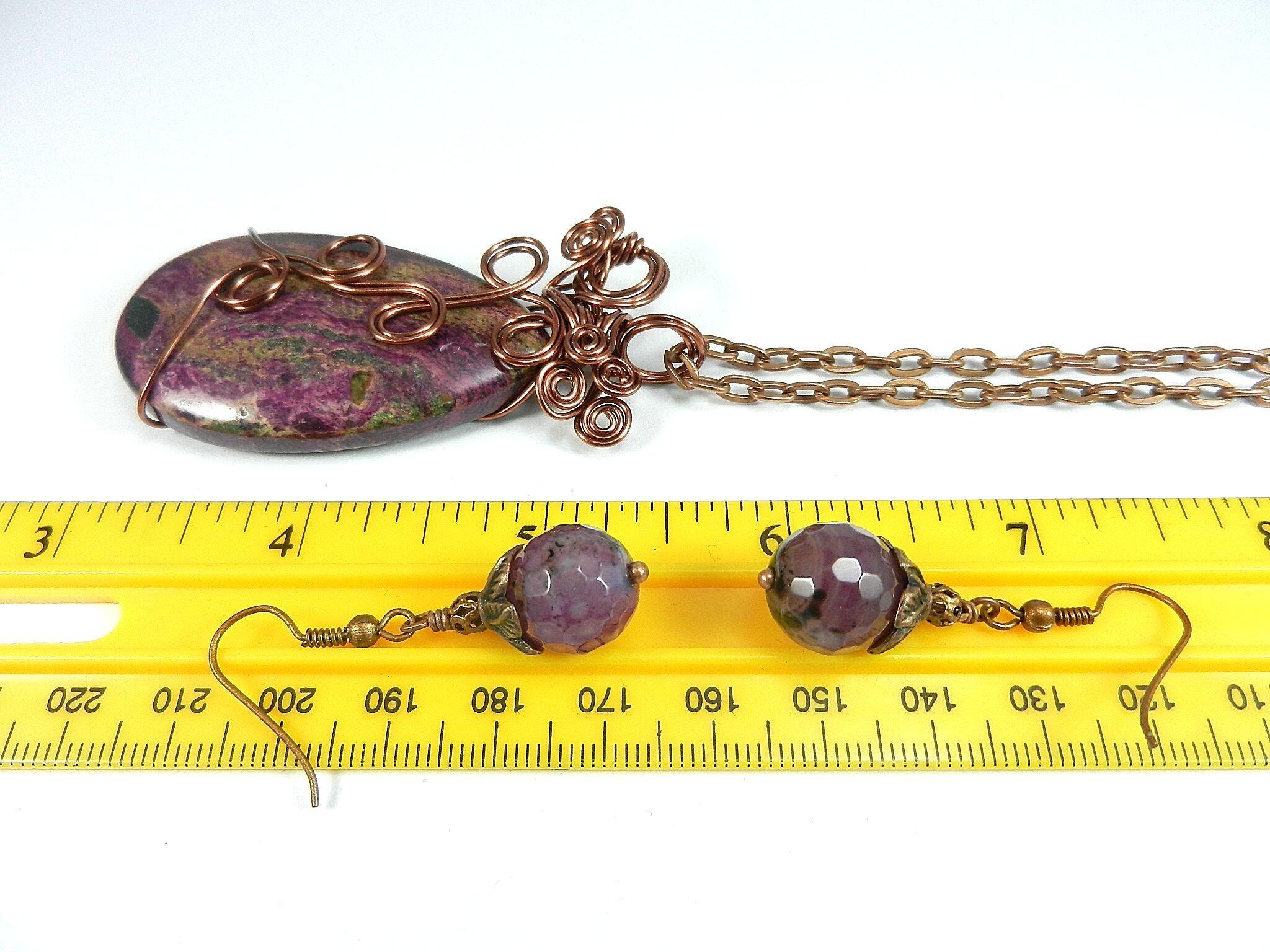 Jasper Choi Finches Teardrop Purple and Pink Pendant Antique Copper Wire Wrapped with Matching Round Faceted Purple Agate Earrings