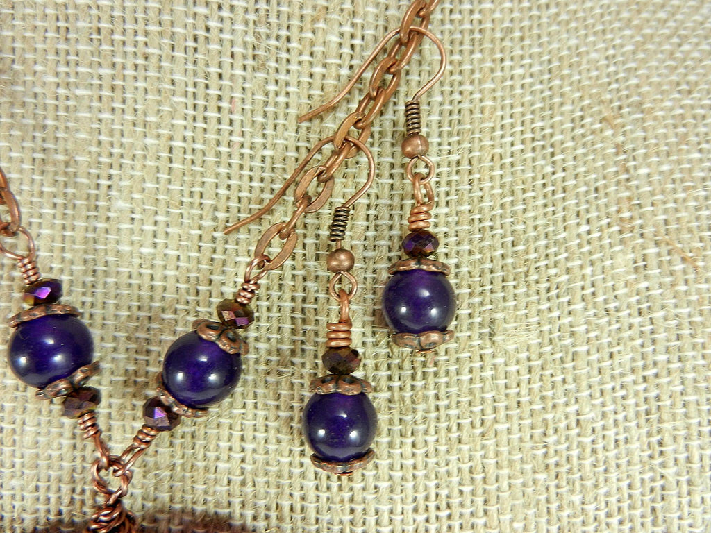 Copper Wire Wrapped Purple Agate Banded Heart with Matching Purple Jade Earrings