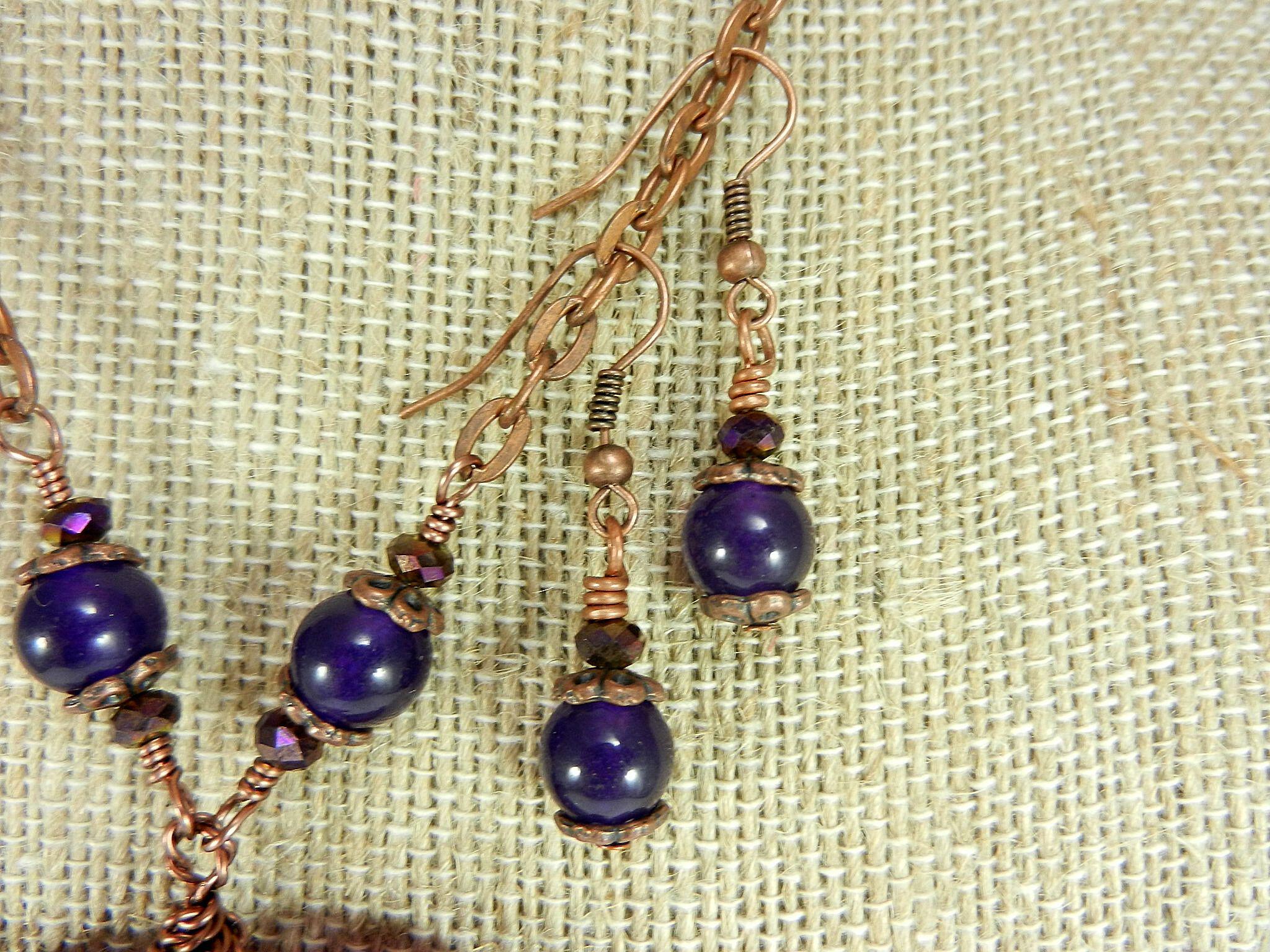 Copper Wire Wrapped Purple Agate Banded Heart with Matching Purple Jade Earrings