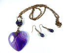 Copper Wire Wrapped Purple Agate Banded Heart with Matching Purple Jade Earrings