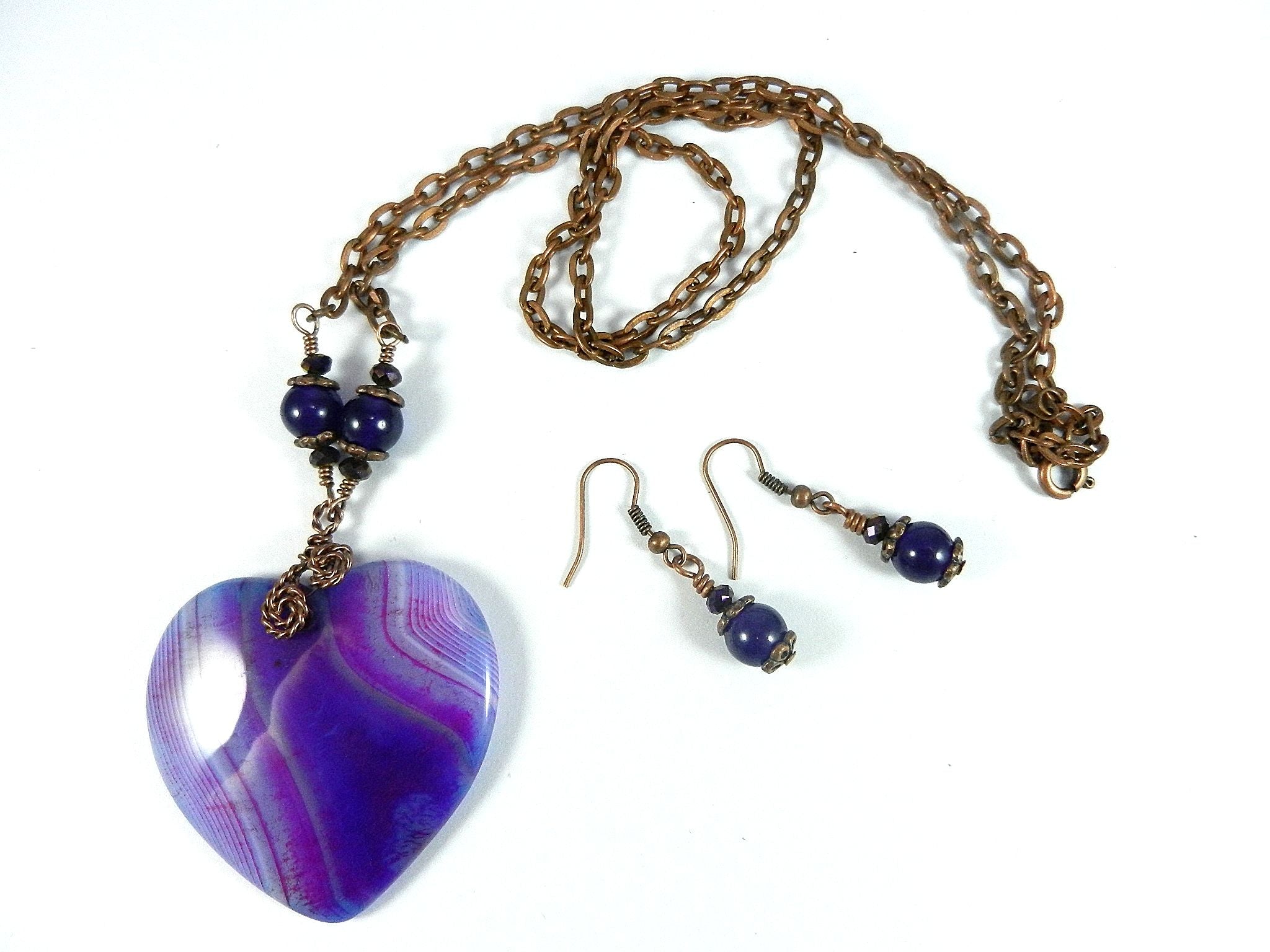 Copper Wire Wrapped Purple Agate Banded Heart with Matching Purple Jade Earrings