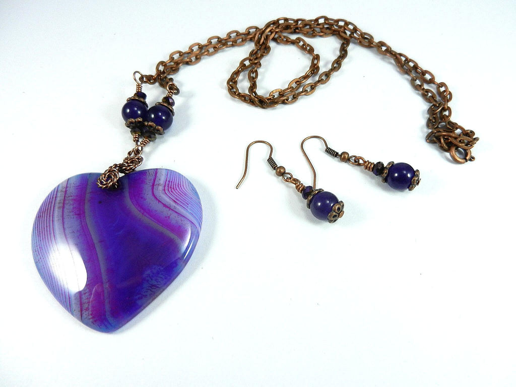 Copper Wire Wrapped Purple Agate Banded Heart with Matching Purple Jade Earrings