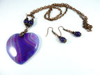 Copper Wire Wrapped Purple Agate Banded Heart with Matching Purple Jade Earrings
