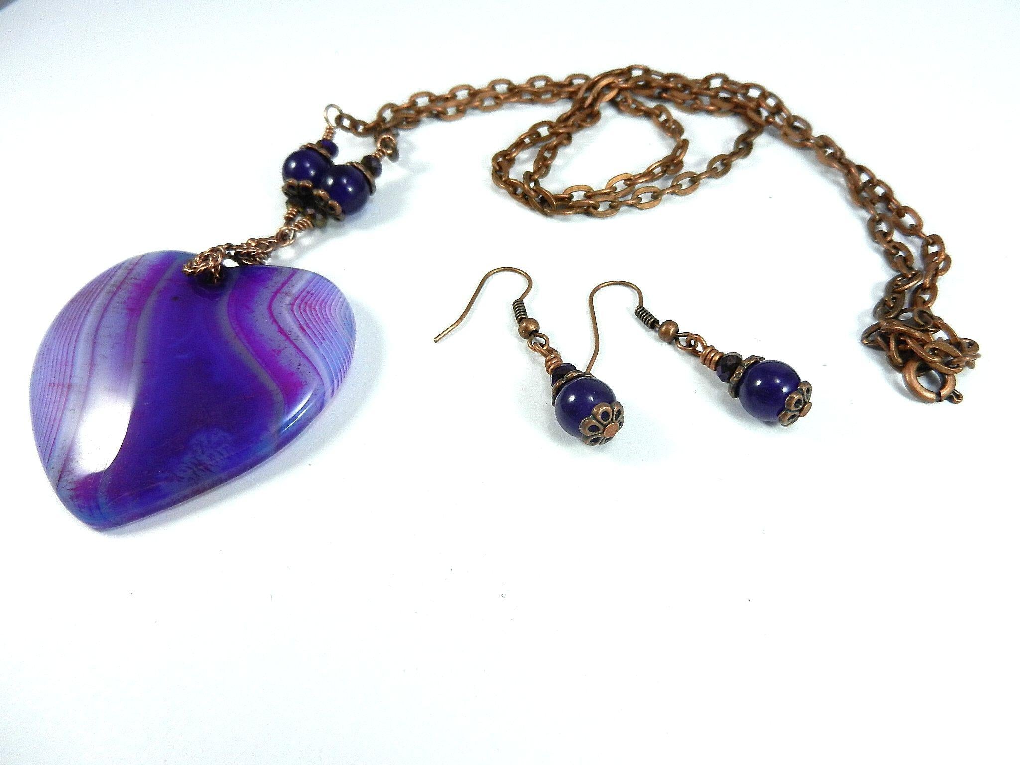 Copper Wire Wrapped Purple Agate Banded Heart with Matching Purple Jade Earrings
