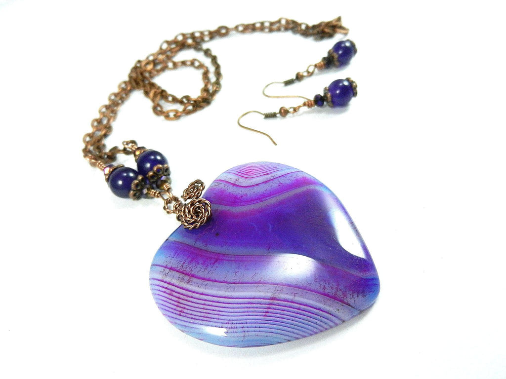 Copper Wire Wrapped Purple Agate Banded Heart with Matching Purple Jade Earrings