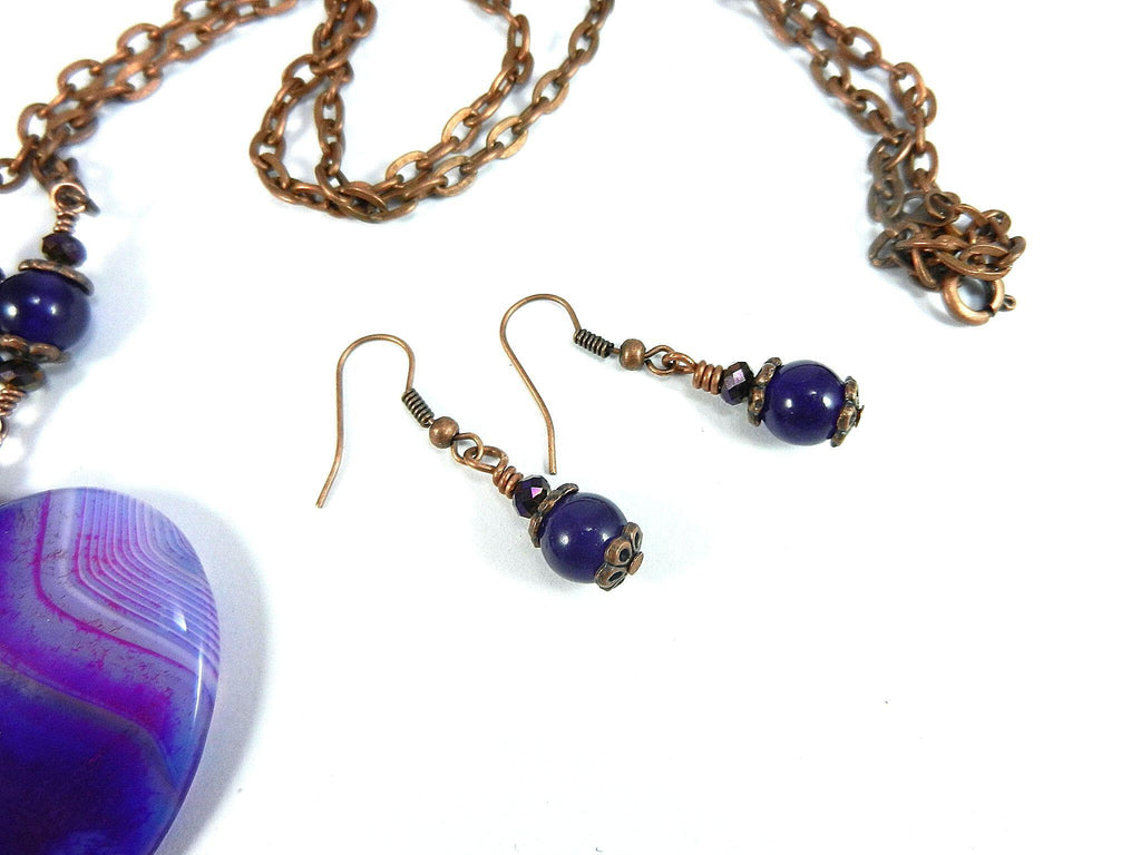 Copper Wire Wrapped Purple Agate Banded Heart with Matching Purple Jade Earrings