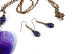 Copper Wire Wrapped Purple Agate Banded Heart with Matching Purple Jade Earrings
