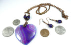Copper Wire Wrapped Purple Agate Banded Heart with Matching Purple Jade Earrings