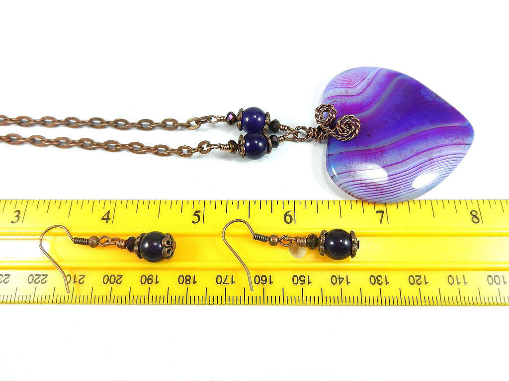 Copper Wire Wrapped Purple Agate Banded Heart with Matching Purple Jade Earrings