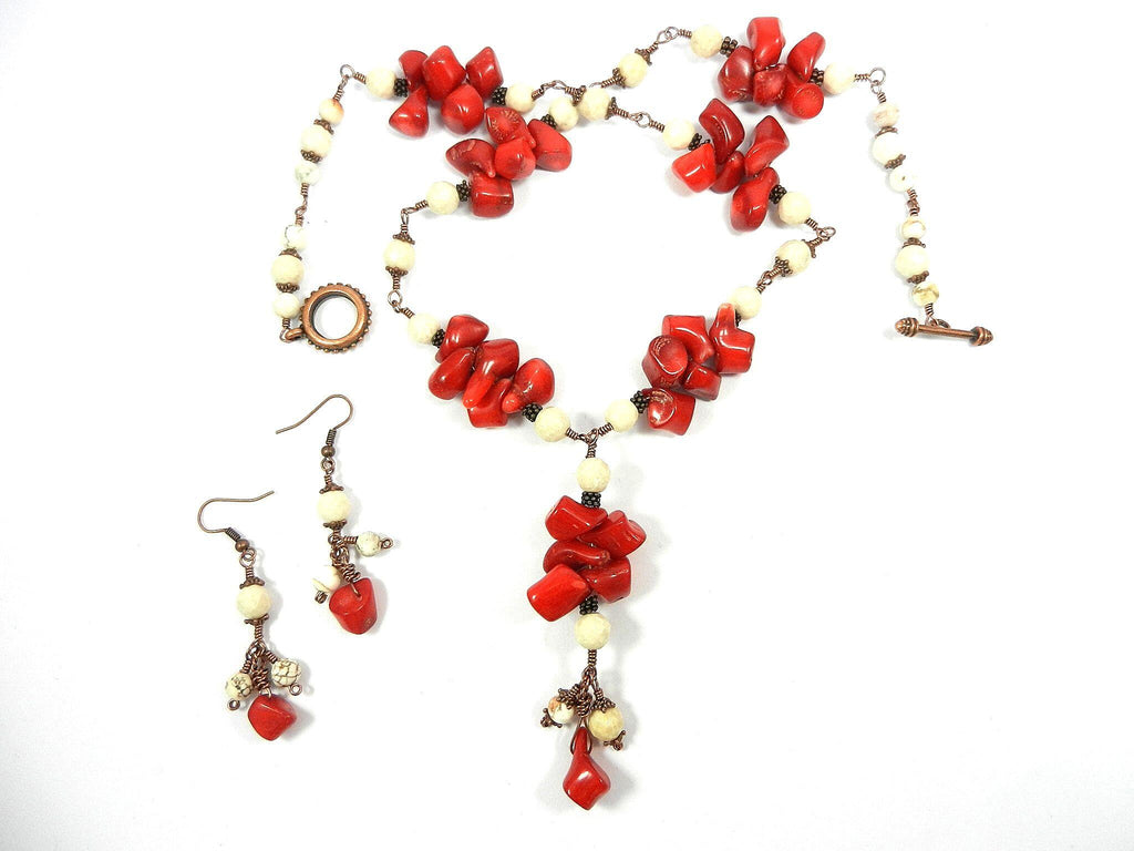 Copper Wire Wrapped Red Bamboo Coral with White Jasper and Turquoise Necklace with Matching Earrings