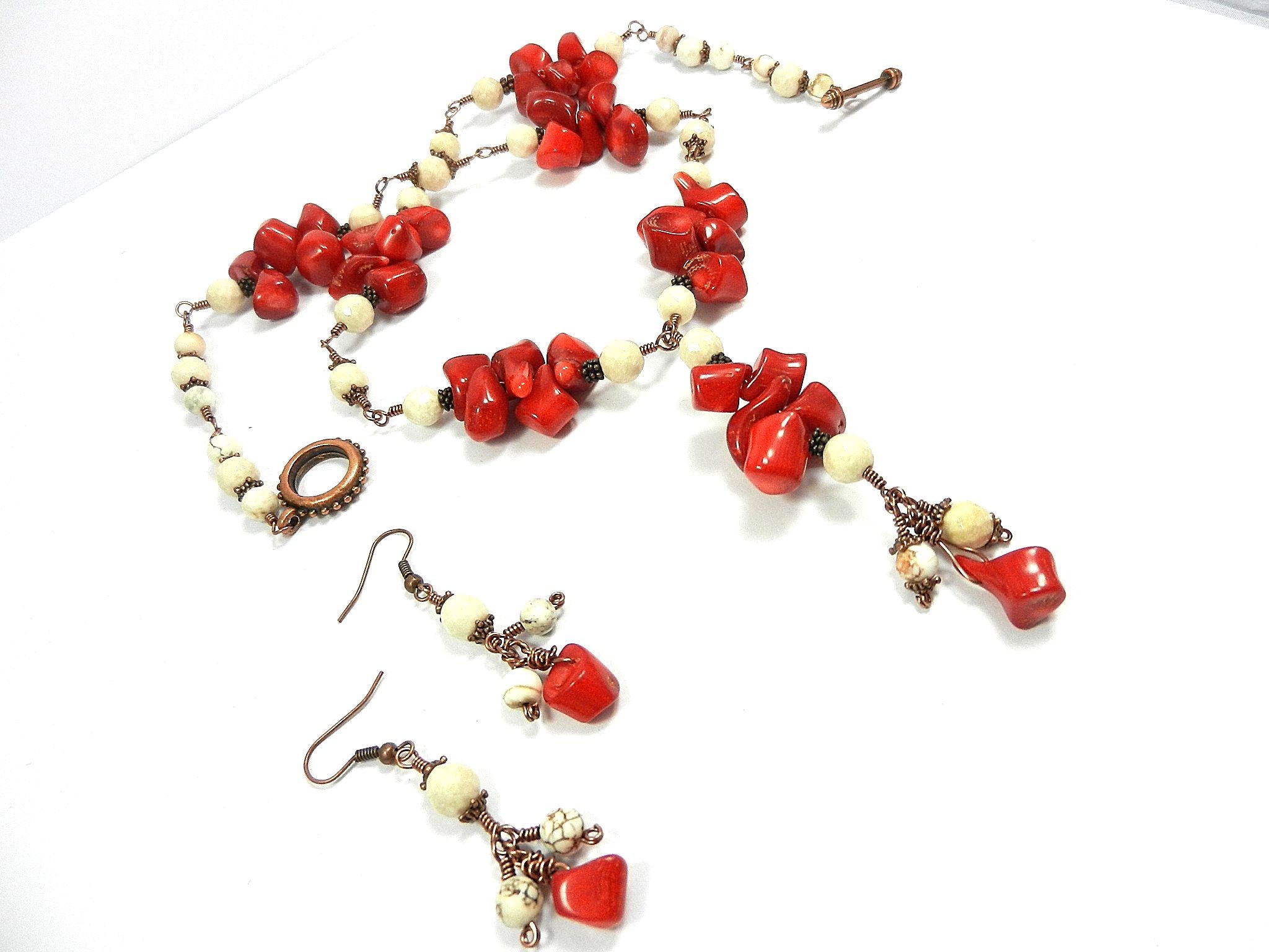 Copper Wire Wrapped Red Bamboo Coral with White Jasper and Turquoise Necklace with Matching Earrings