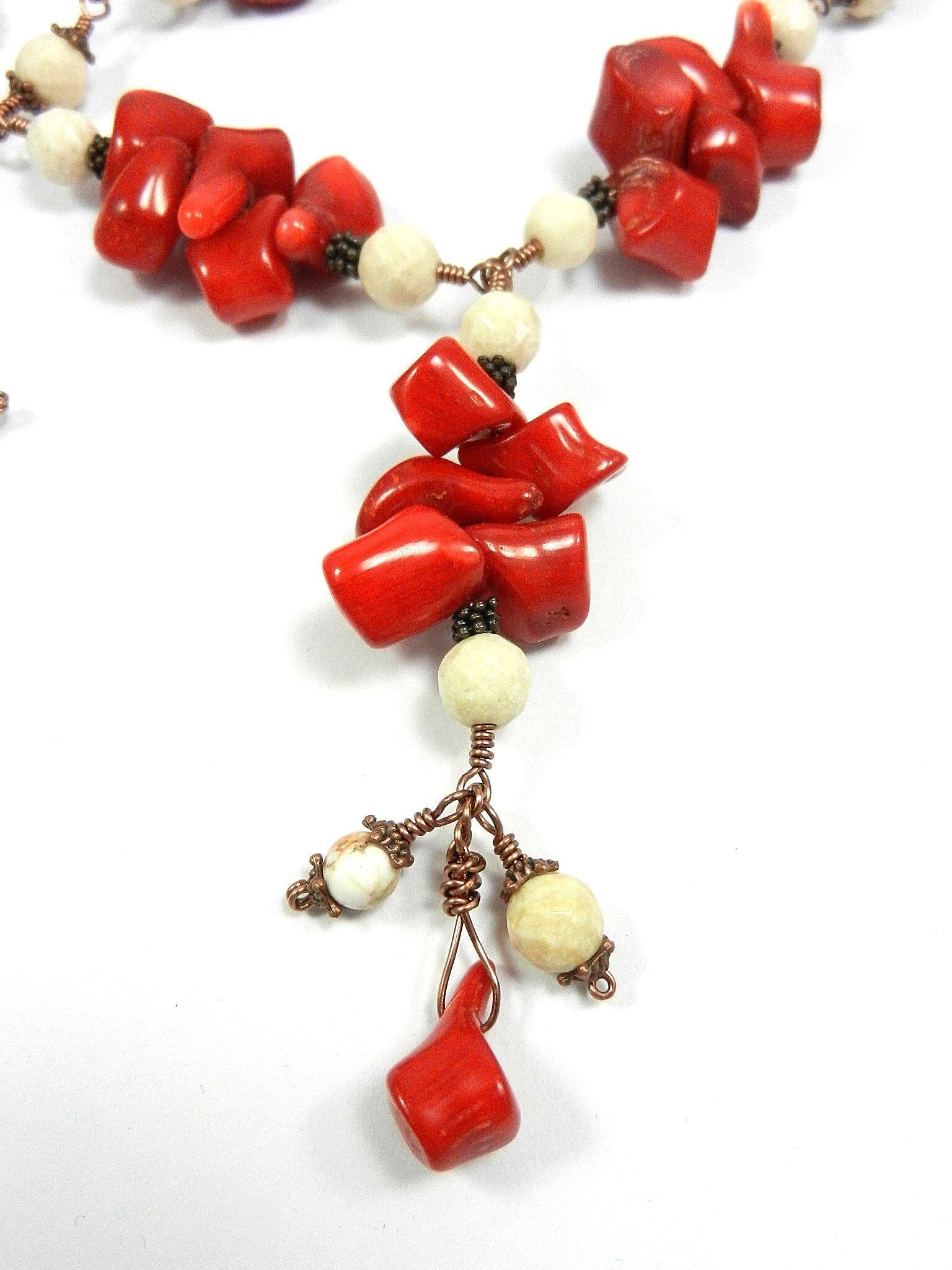 Copper Wire Wrapped Red Bamboo Coral with White Jasper and Turquoise Necklace with Matching Earrings